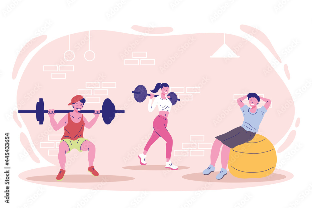 three characters fitness sports
