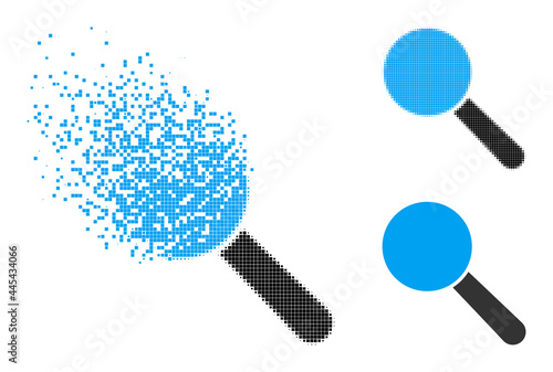 Dispersed dotted search tool pictogram with wind effect, and halftone vector pictogram. Pixelated degradation effect for search tool demonstrates speed and motion of cyberspace concepts.