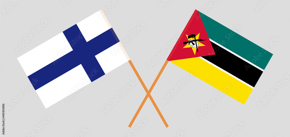 Crossed flags of Finland and Mozambique. Official colors. Correct proportion