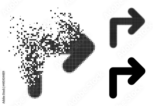 Dissolved pixelated turn right glyph with wind effect, and halftone vector icon. Pixelated degradation effect for turn right shows speed and movement of cyberspace items.