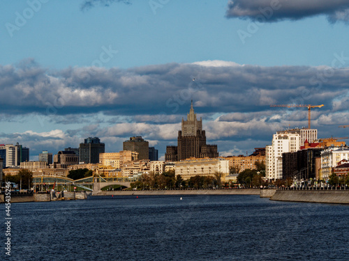 Skyscraper and multi-storey residential buildings on the embankment of the Moscow River in Moscow