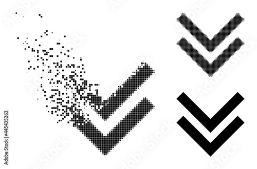 Dissipated pixelated shift down pictogram with destruction effect, and halftone vector symbol. Pixelated mist effect for shift down shows speed and motion of cyberspace items.