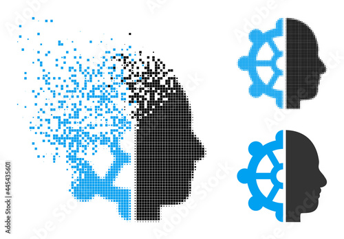 Decomposed pixelated intellect icon with destruction effect, and halftone vector symbol. Pixelated dissolving effect for intellect demonstrates speed and movement of cyberspace objects.