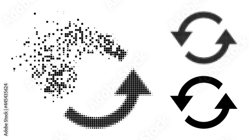 Burst pixelated refresh arrows pictogram with wind effect  and halftone vector icon. Pixelated burst effect for refresh arrows demonstrates speed and motion of cyberspace concepts.