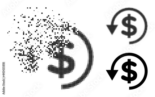 Disappearing dot chargeback icon with wind effect, and halftone vector icon. Pixelated degradation effect for chargeback shows speed and motion of cyberspace objects.