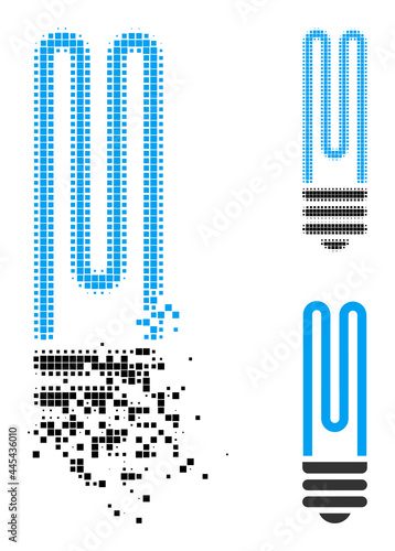Dissolved pixelated fluorescent bulb icon with destruction effect, and halftone vector icon. Pixelated dissipating effect for fluorescent bulb demonstrates speed and movement of cyberspace concepts.