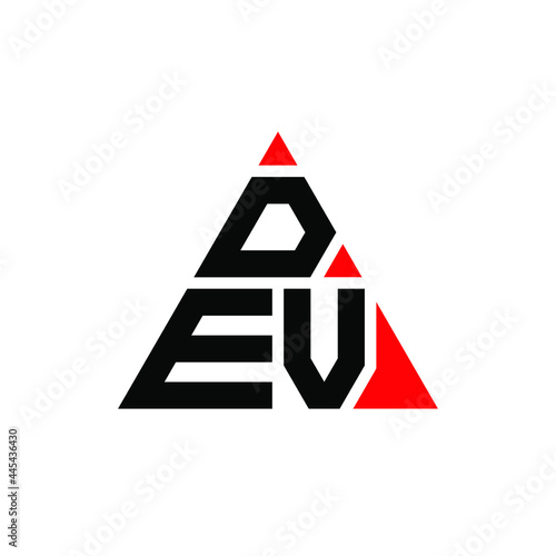 DEV triangle letter logo design with triangle shape. DEV triangle logo design monogram. DEV triangle vector logo template with red color. DEV triangular logo Simple, Elegant, and Luxurious Logo. DEV 