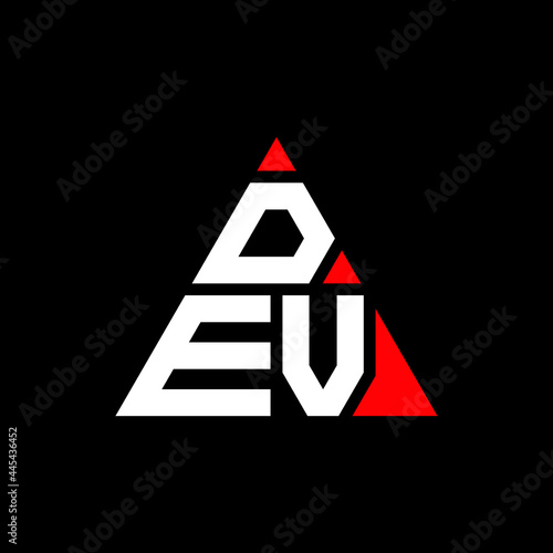 DEV triangle letter logo design with triangle shape. DEV triangle logo design monogram. DEV triangle vector logo template with red color. DEV triangular logo Simple, Elegant, and Luxurious Logo. DEV 