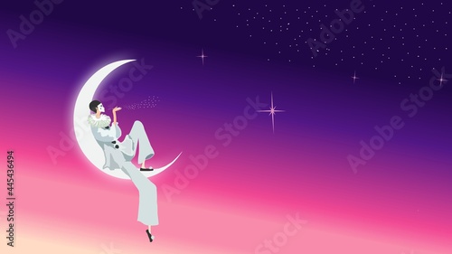 Pierrot sits on the moon against the starry night sky and lights the stars with his breath. photo