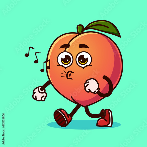 Cute peach fruit character walking with happy face. Fruit character icon concept isolated. flat cartoon style Premium Vector