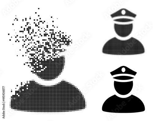 Broken pixelated police man glyph with wind effect, and halftone vector symbol. Pixelated dispersing effect for police man demonstrates speed and movement of cyberspace abstractions.