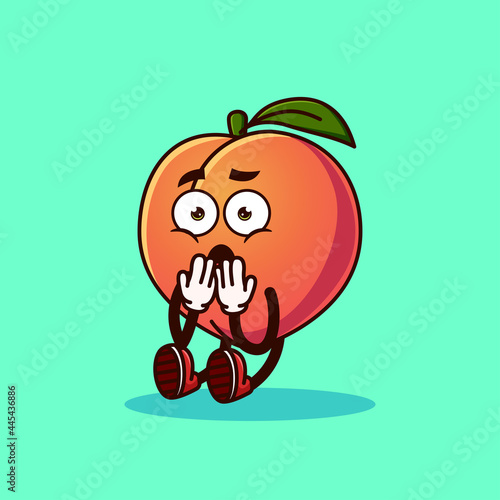 Cute Peach fruit character shocked. Fruit character icon concept isolated. Emoji Sticker. flat cartoon style Vector