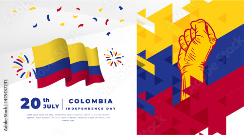 Banner illustration of Colombia independence day celebration. Waving flag and hands clenched. Vector illustration.