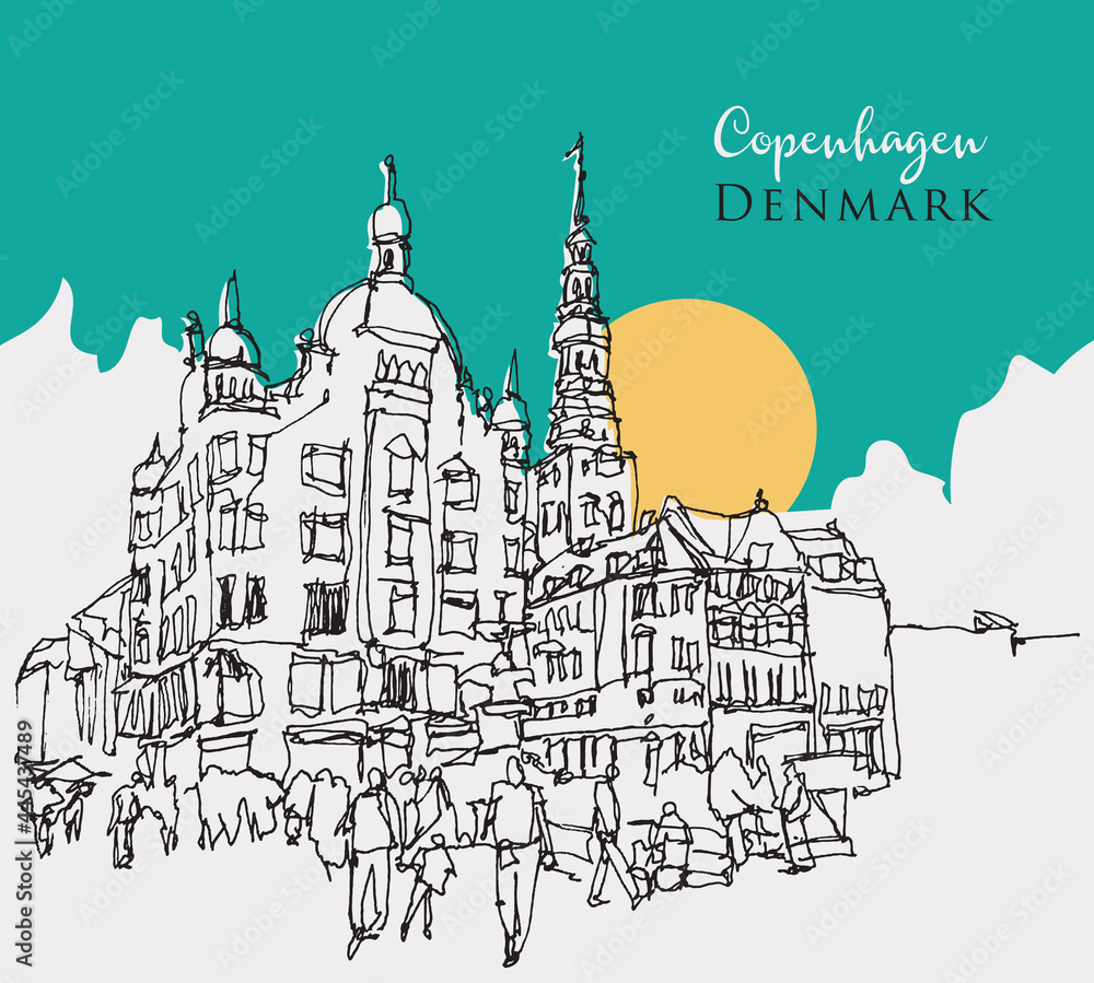 Hand drawn sketch illustration of Copenhagen, the capital city of Denmark
