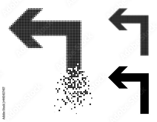 Broken pixelated turn left icon with destruction effect, and halftone vector icon. Pixelated dissolution effect for turn left reproduces speed and motion of cyberspace objects.