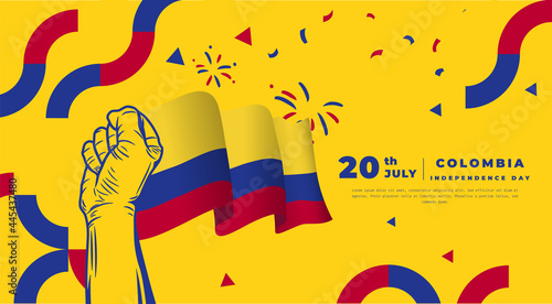 Banner illustration of Colombia independence day celebration. Waving flag and hands clenched. Vector illustration.