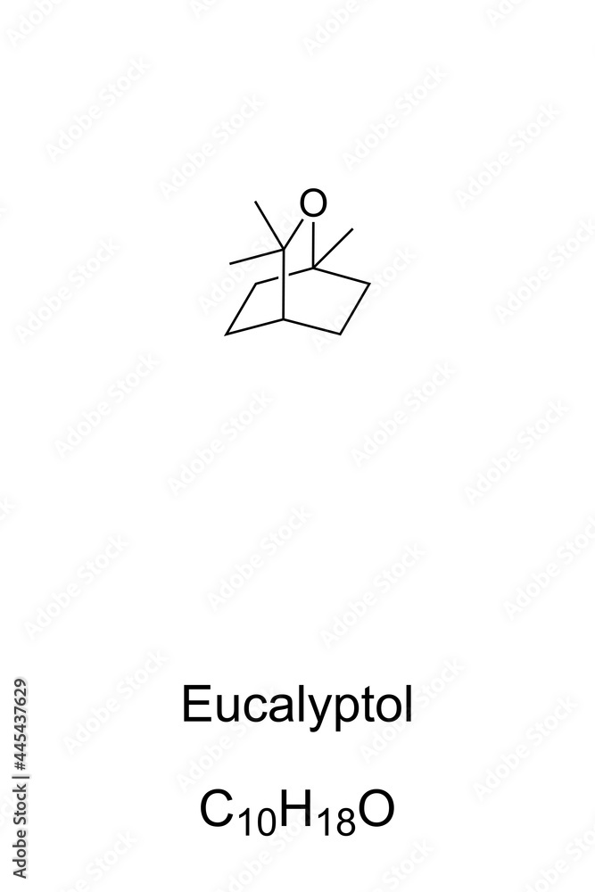 Eucalyptol chemical formula and structure. 1,8-Cineole, organic compound, with mint-like smell and cooling taste. Main component of eucalyptus oil. Used in flavorings, fragrances and cosmetics. Vector