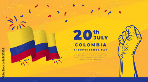 Banner illustration of Colombia independence day celebration. Waving flag and hands clenched. Vector illustration.