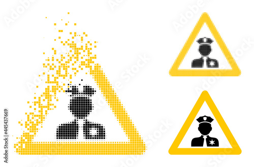 Dispersed pixelated policeman warning glyph with wind effect, and halftone vector symbol. Pixelated dissolution effect for policeman warning shows speed and movement of cyberspace abstractions.