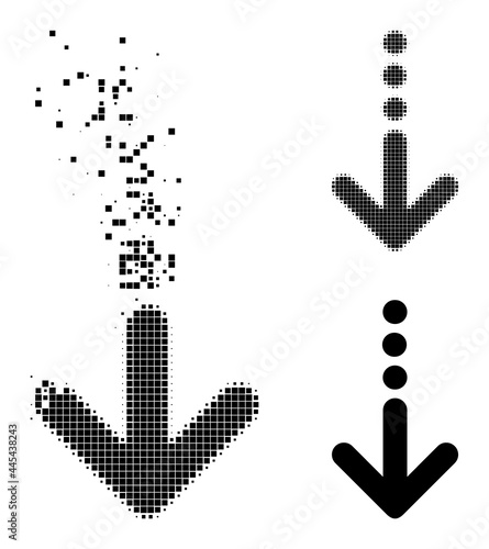 Fragmented pixelated send down pictogram with wind effect, and halftone vector pictogram. Pixelated dissolving effect for send down demonstrates speed and motion of cyberspace matter.