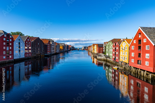 Norway, Trondelag, Trondheim,�Nidelva�river and old waterfront storehouses photo