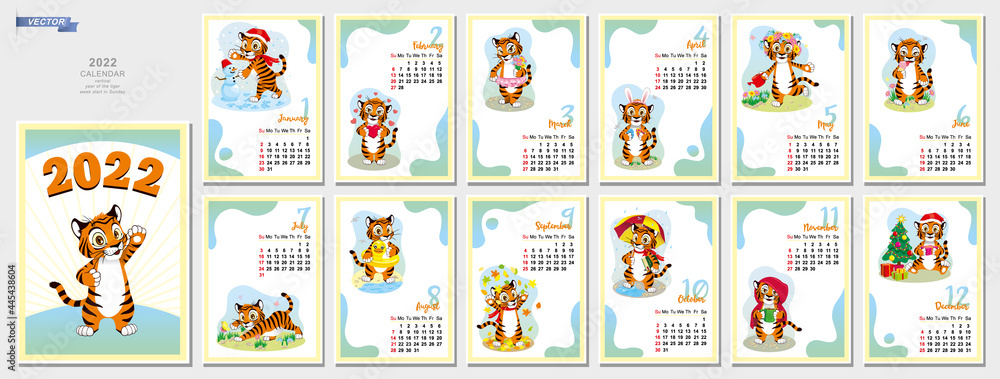 Vector vertical calendar 2022 with symbol of the year tiger. Cute funny character little tiger. Week start in Sunday. Set of 12 pages and cover with cute Tiger. Template in size A2 A3 A4 A5.