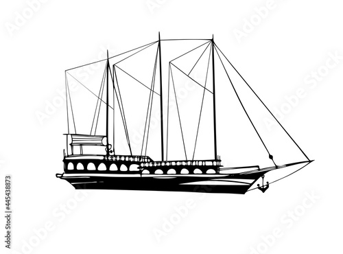 Pirate ship. Pirate schooner. Vintage pleasure ship, old boat in the sea. Hand drawn sketch. Line art. Black and white vector illustration on white background. 