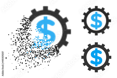 Fractured pixelated financial industry icon with wind effect, and halftone vector icon. Pixelated dispersing effect for financial industry shows speed and movement of cyberspace objects. © imagecatalog