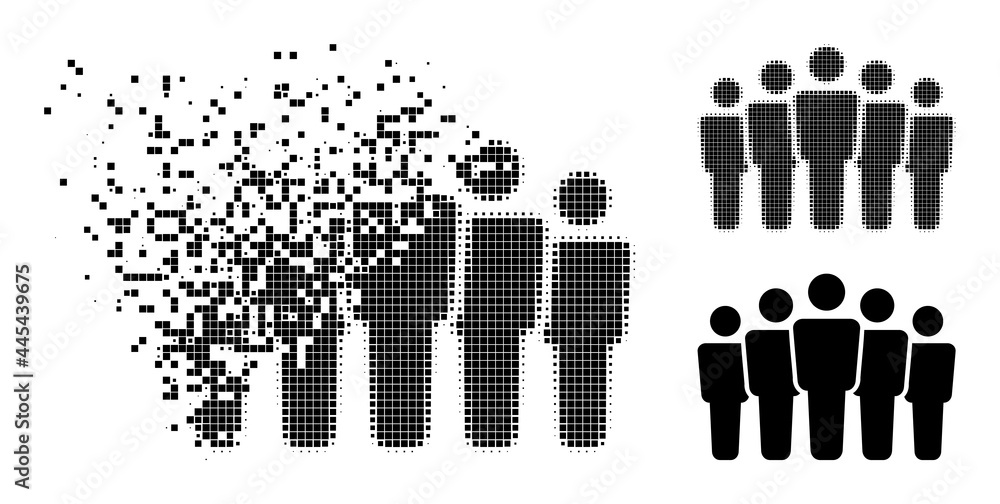 Decomposed dot people crowd icon with destruction effect, and halftone vector icon. Pixelated dissipation effect for people crowd demonstrates speed and movement of cyberspace things. - obrazy, fototapety, plakaty 