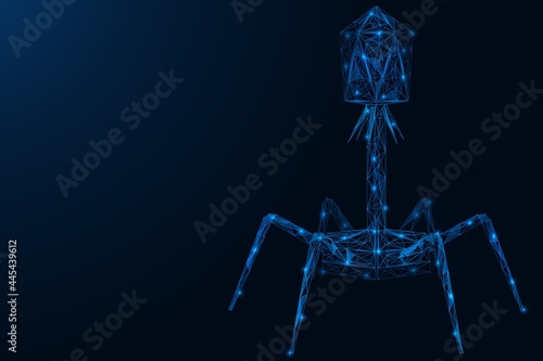 Bacteriophage. A virus that selectively affects bacterial cells. Polygonal construction of lines and points. Blue background.