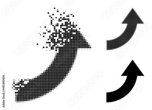 Dust pixelated rotate up pictogram with destruction effect, and halftone vector pictogram. Pixelated dematerialization effect for rotate up shows speed and movement of cyberspace items.