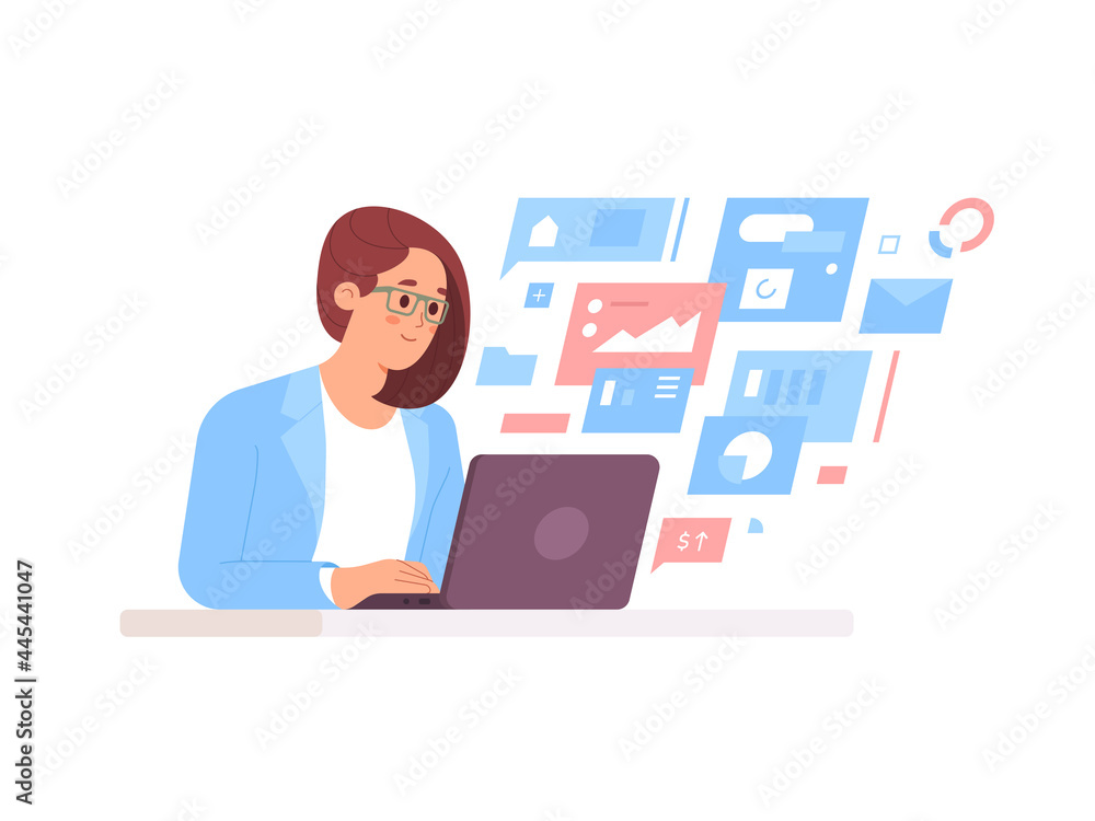 Young smiling woman working at table on laptop. Multitasking. Freelance worker managing SMM strategy processes Young smiling woman working at table on laptop. Multitasking. Freelance worker managing SMM strategy processes