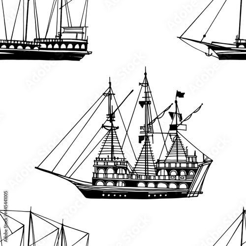 Marine vector background. Vintage marine seamless pattern with pirate schooner. Vintage pleasure ship, old boat in the sea. Hand drawn sketch. Line art.