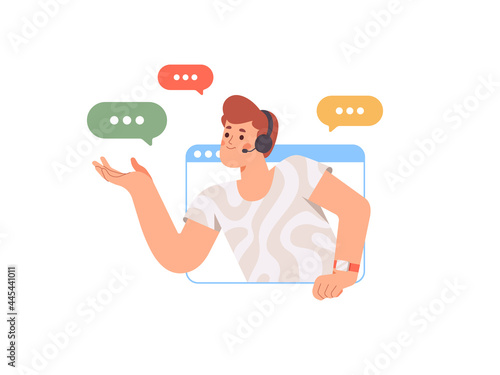 Young support phone male operator in headset working in call center. How can I help you? Vector illustration