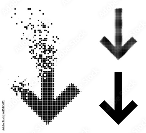 Shredded pixelated down arrow icon with destruction effect, and halftone vector composition. Pixelated destruction effect for down arrow demonstrates speed and motion of cyberspace matter.