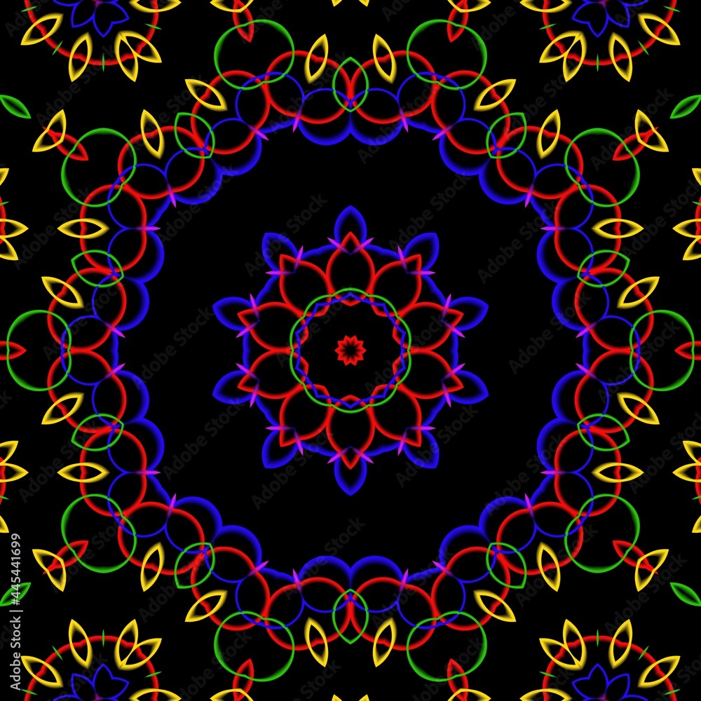 Colourful floral pattern design with black background.