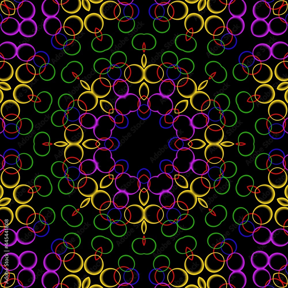 Colourful floral pattern design with black background.