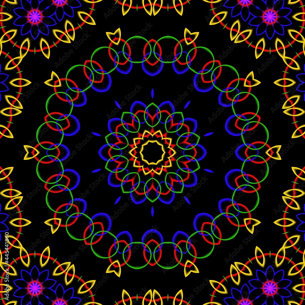 Colourful floral pattern design with black background.