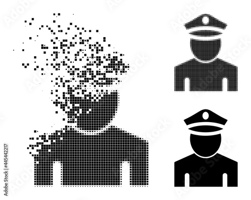 Moving pixelated policeman icon with wind effect, and halftone vector image. Pixelated creation effect for policeman gives speed and motion of cyberspace matter.