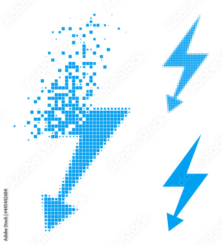 Disappearing pixelated electric strike pictogram with wind effect, and halftone vector icon. Pixelated degradation effect for electric strike reproduces speed and movement of cyberspace matter.