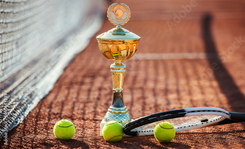 Tennis balls with a racket and cup on the tennis court. Sport, recreation concept © bobex73