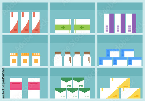 Pharmacy shelf, medicine store vector , cartoon boxes pills and containers drug, packaging medication isolated on white background. Health illustration