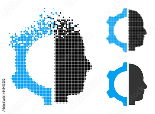 Shredded pixelated cyborg gear pictogram with destruction effect, and halftone vector pictogram. Pixelated degradation effect for cyborg gear shows speed and movement of cyberspace abstractions.