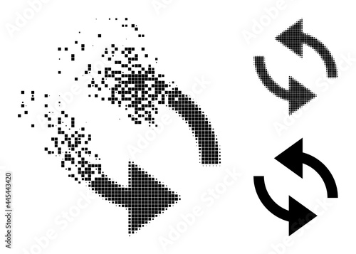 Dissolving dot exchange arrows pictogram with destruction effect, and halftone vector pictogram. Pixelated disintegration effect for exchange arrows gives speed and motion of cyberspace things.