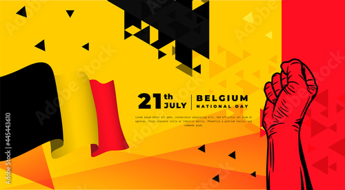 Banner illustration of Belgium National day celebration. Waving flag and hands clenched. Vector illustration.