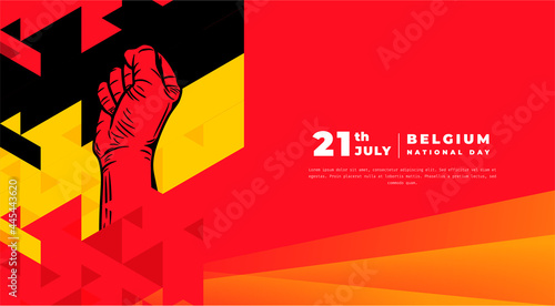 Banner illustration of Belgium National day celebration. Waving flag and hands clenched. Vector illustration.