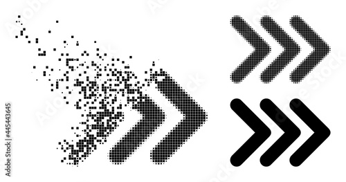 Dust dot triple arrowhead right pictogram with destruction effect, and halftone vector composition.