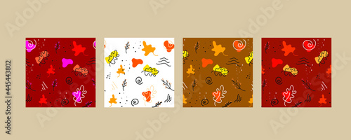 Fall seamless patterns set, autumn leaves doodle art. Cute colorful print for designs, clothes, covers, branding, marketing. Seasonal hand drawn elements, symbols.