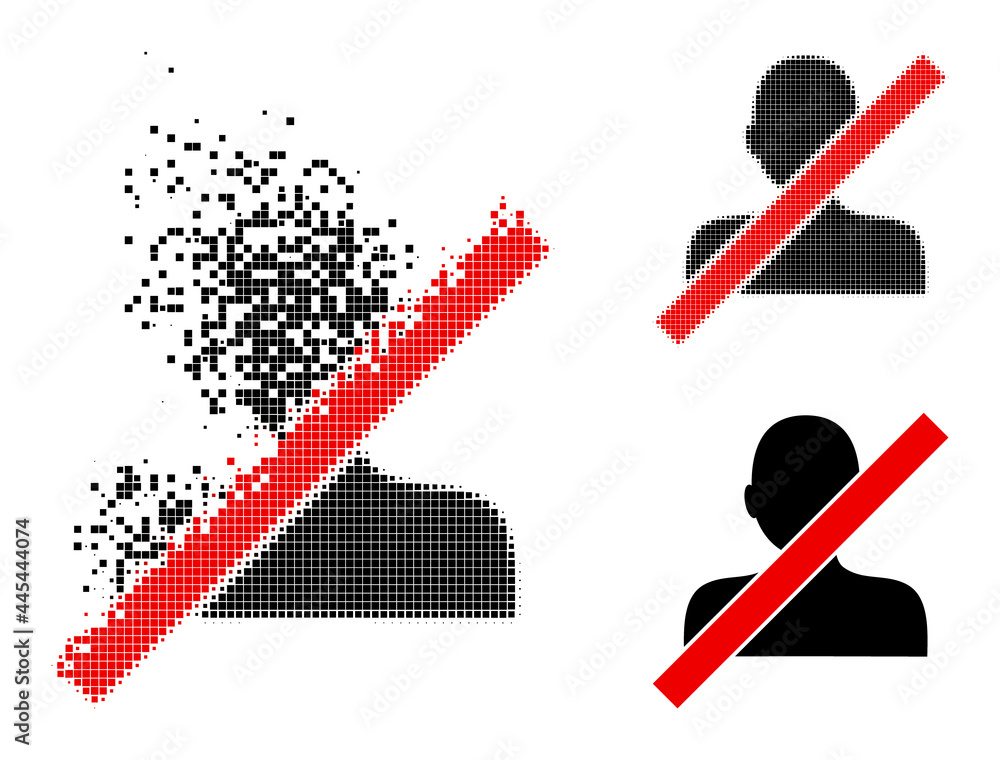 Burst pixelated closed man icon with destruction effect, and halftone vector icon. Pixelated creation effect for closed man shows speed and motion of cyberspace abstractions. Burst pixelated closed man icon with destruction effect, and halftone vector icon. Pixelated creation effect for closed man shows speed and motion of cyberspace abstractions.