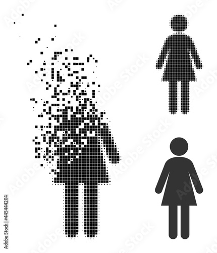 Erosion dot woman icon with destruction effect, and halftone vector icon. Pixelated erosion effect for woman reproduces speed and movement of cyberspace abstractions.